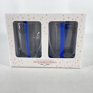 Set of 2 Blue Art Glass Tumblers 10 oz Mouth Blown Italy Alessandro Coppola